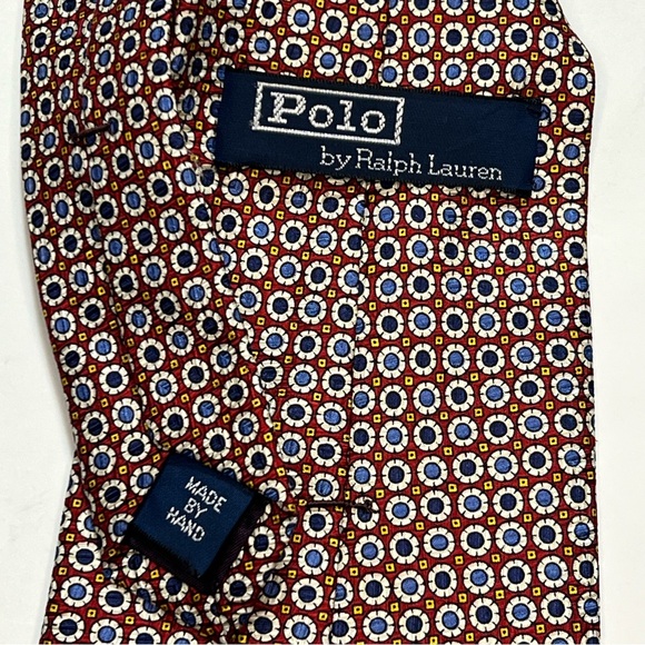 POLO RALPH LAUREN Handmade Silk Tie Brown with Blue White Circle Motif - Picture 5 of 5